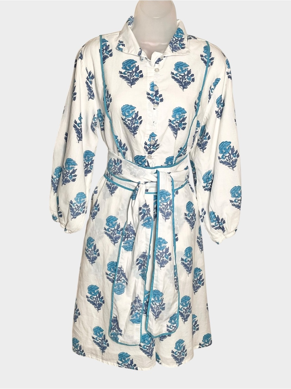 VICTORIA DUNN Blue White Floral Cotton Tie Waist Dress XS/M - Picture 2 of 7